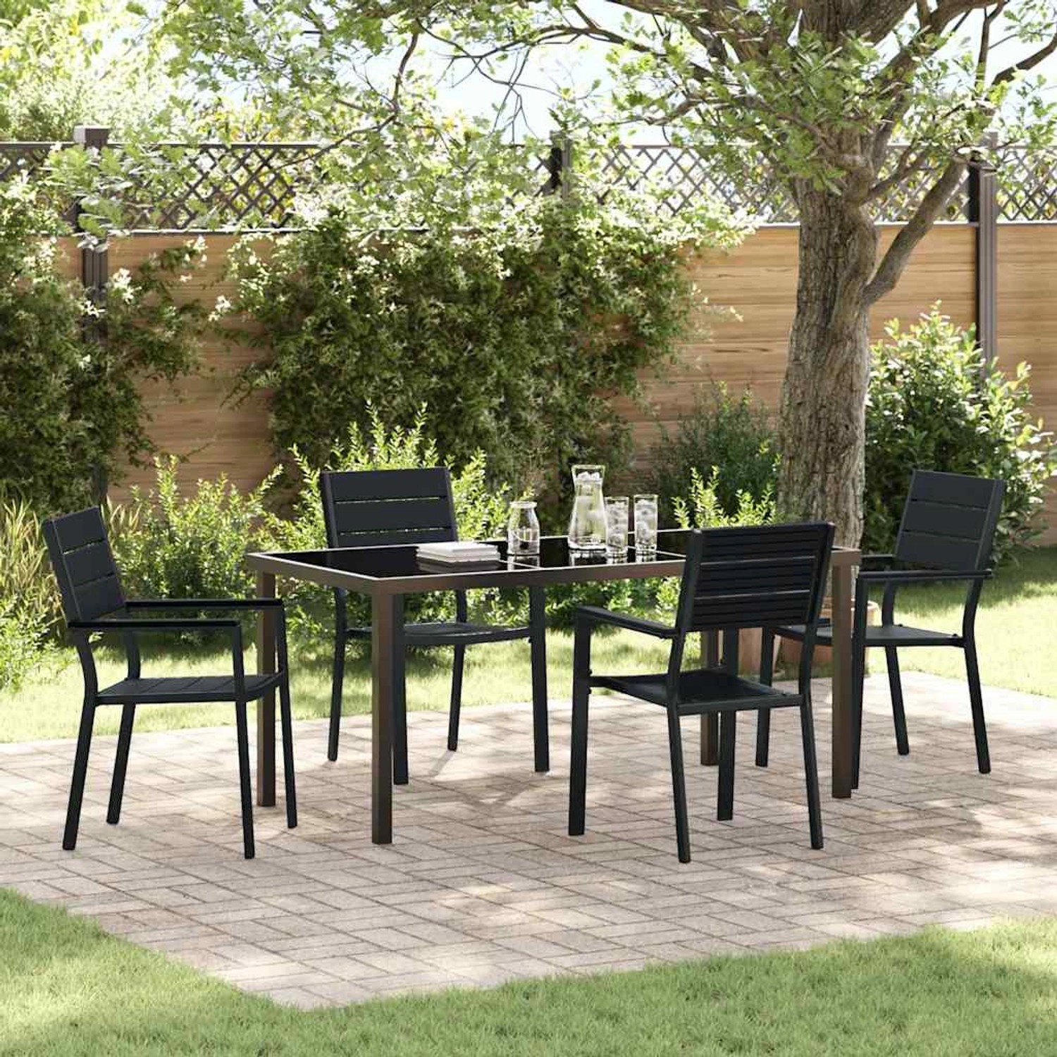 Schwarze 5-tlg. vidaXL Garten Essgruppe aus HDPE. Gartenmöbel-Set mit Tisch und 4 Stühlen.
