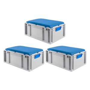 SparSet: 3 blaue Euroboxen NextGen Seat Box, 44L, mit Griffen und Sitzkissen. Ideal als Transport- und Aufbewahrungsbox.