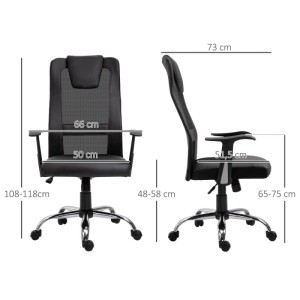 Schwarzer Vinsetto Bürostuhl, höhenverstellbar, ergonomisch, mit Netzlehne und Rollen. Ansicht mit Maßen.