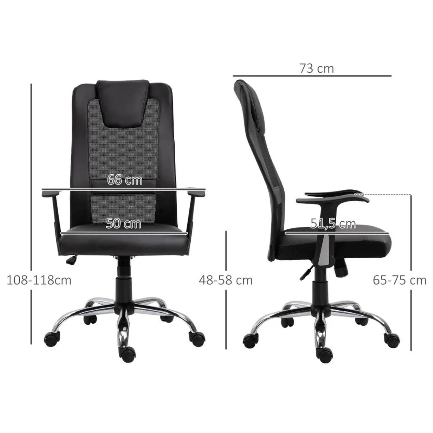 Schwarzer Vinsetto Bürostuhl, höhenverstellbar, ergonomisch, mit Netzlehne und Rollen. Ansicht mit Maßen.