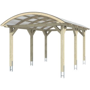 Weißes Skan Holz Bogendach-Carport Franken mit Doppelstegplatten und sechs Pfosten.