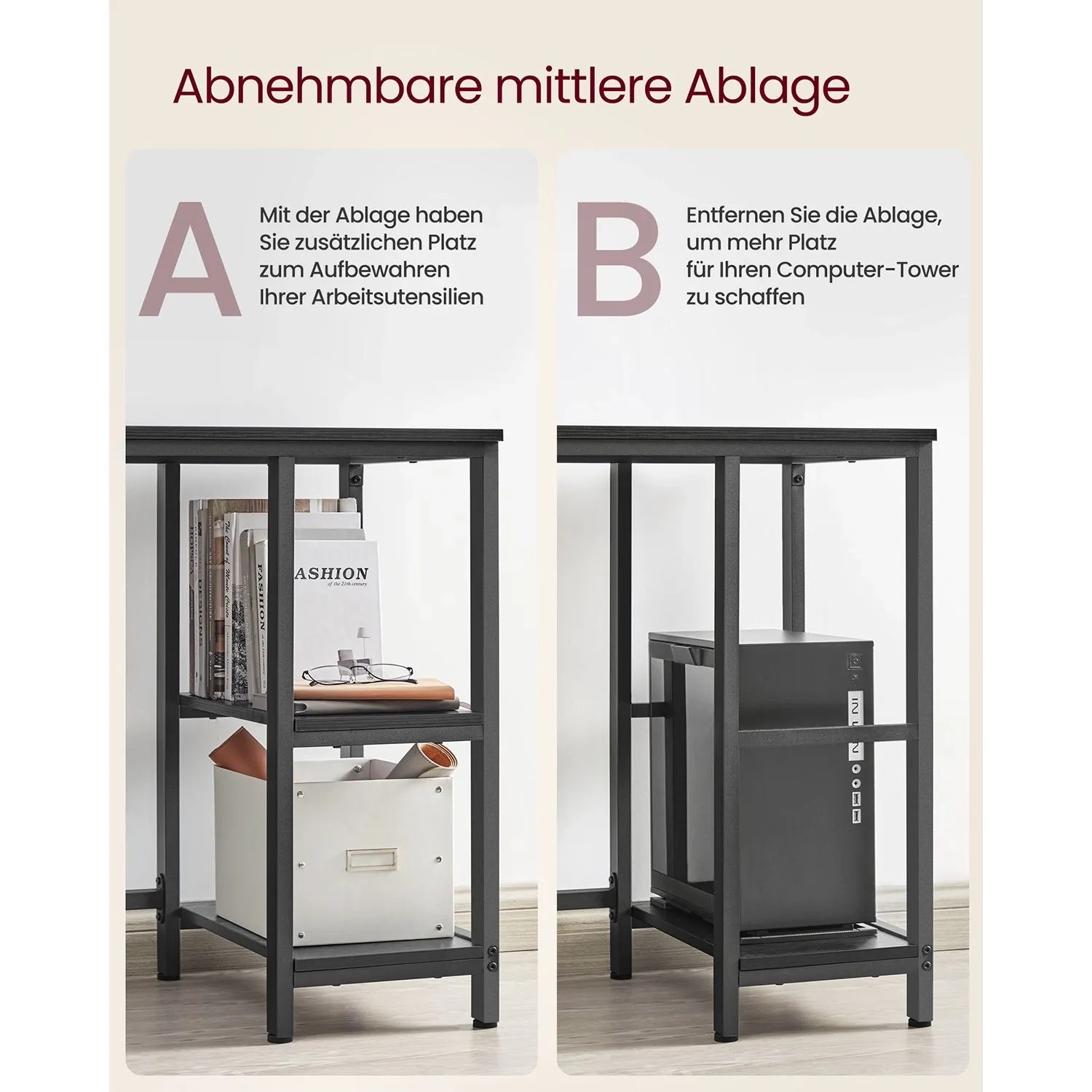 Vasagle L-förmiger Schreibtisch, schwarzer Computertisch mit Regalfächern für PC-Tower oder Zubehör.