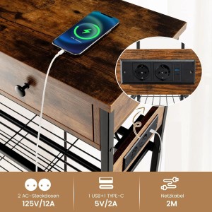 Vintage brauner Konsolentisch mit integrierter Ladestation, 2 Steckdosen, USB-Anschluss und Schublade.