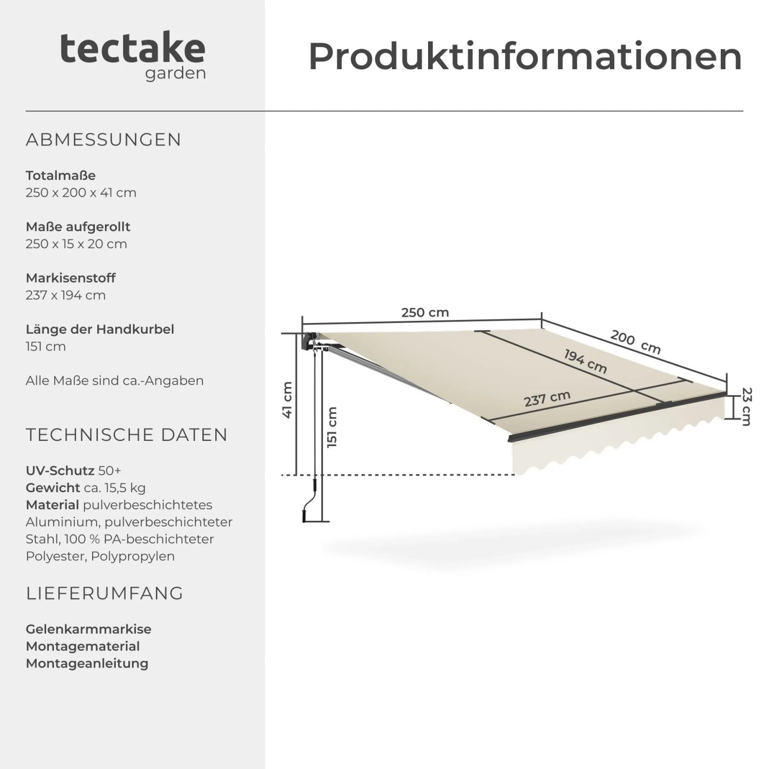 Beige Tectake Gelenkarmmarkise Ornella, 250x200 cm, ausgefahren, mit technischen Maßen für Sonnenschutz.