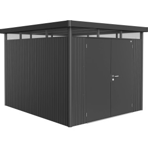 Biohort HighLine Gerätehaus, dunkelgrau-metallic, 6,6 m² mit Doppeltür. Metall-Geräteschuppen mit Flachdach.