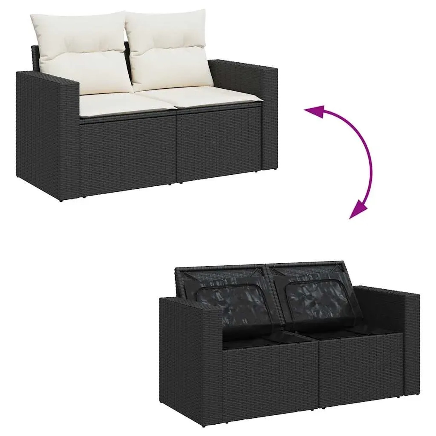 vidaXL Garten-Sofagarnitur, 8-teilig, schwarz, Poly Rattan mit Kissen und Stauraum unter der Sitzfläche.
