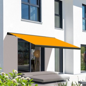 Elektrische Kassettenmarkise, basaltgraue Kassette, gelbes Tuch, 4.5x3.0 m. Sonnenschutz für Terrasse.