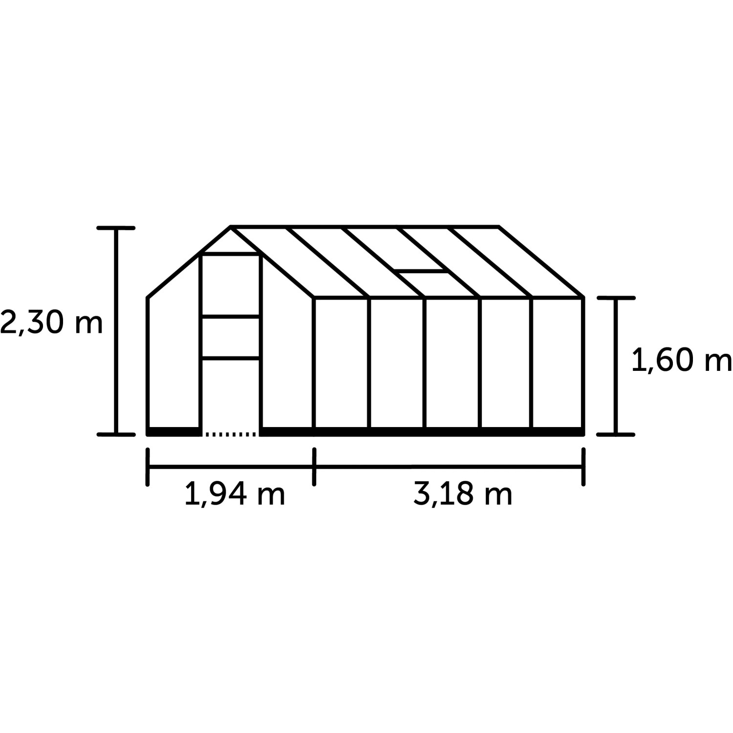 Skizze des schwarzen Halls Gewächshauses Burford 610 mit Maßangaben, 6,1 m² inkl. Fundament.
