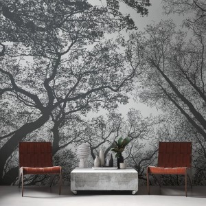 PROFHOME Fototapete Wald in Grau/Schwarz, matte Optik. Natur- und Waldmotive für Wohnräume.
