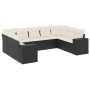 Schwarze 9-teilige Garten-Sofagarnitur aus Polyrattan mit cremefarbenen Kissen.