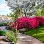 Schwarzer Relaxdays Rosenbogen aus Eisen, bewachsen mit Rosen, als Rankhilfe im Garten.