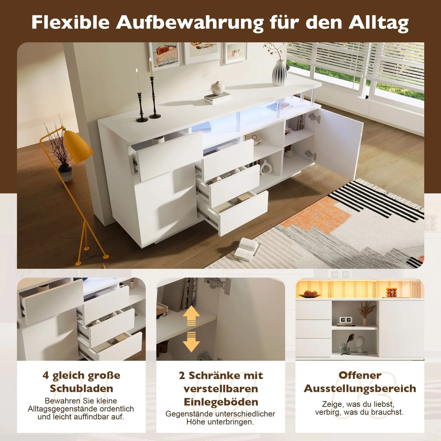 Weißes Merax Sideboard 160 cm mit LED-Beleuchtung, Acryl-Elementen, 4 Schubladen und 2 Schränken. Flexibler Stauraum.