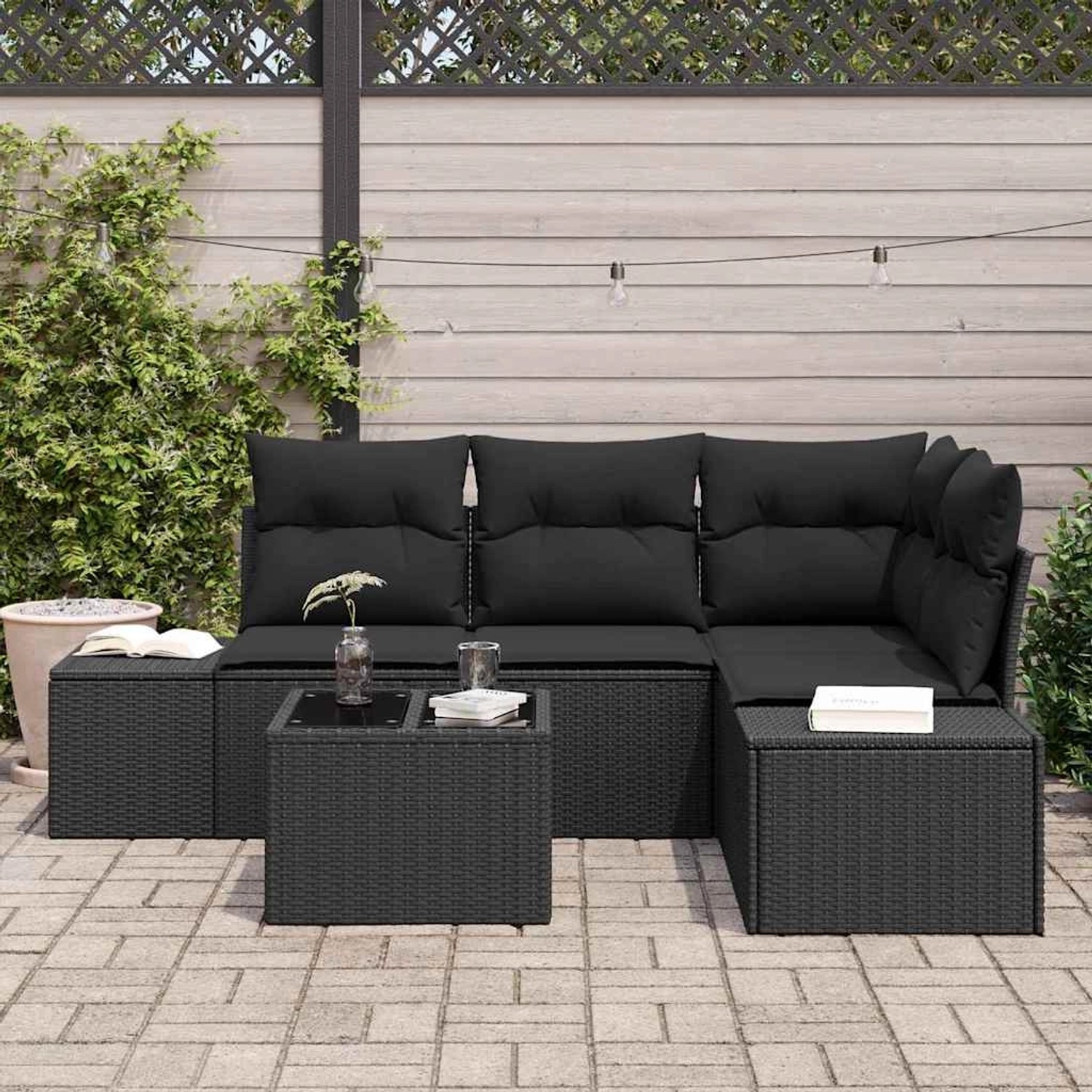 Schwarzes 5-tlg. vidaXL Garten-Sofa-Set aus Poly Rattan. Modulares Lounge-Set für Terrasse und Garten.