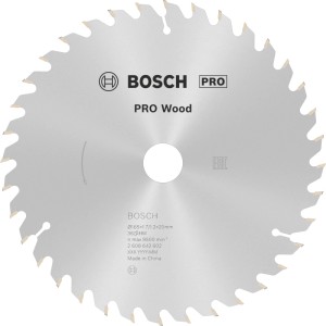Bosch PRO Wood Kreissägeblatt, silber, mit präzisionsgeschliffenen Carbide-Zähnen für saubere Holzschnitte.