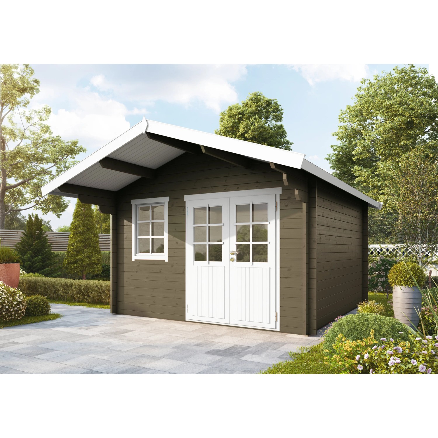 Wolff Finnhaus Holz-Gartenhaus/Gerätehaus Lisa 44-B Dunkelgrau 444,6 cm x 530 cm Anbaudach