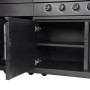 Detailaufnahme: Buschbeck Outdoorküche Dublin Schwarz mit geöffnetem Unterschrank und Regalböden.
