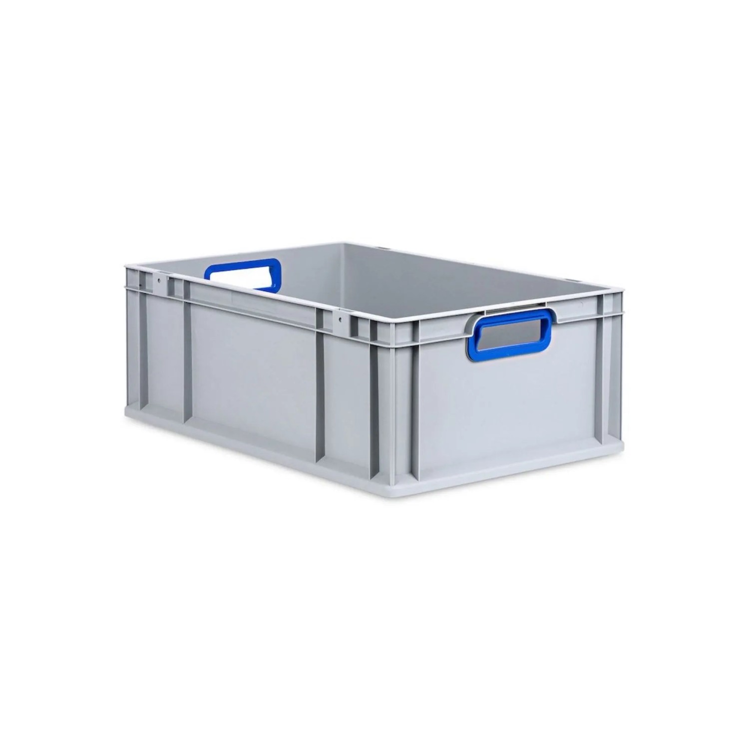 Graue PROREGAL Eurobox mit blauen Griffen, Auflagedeckel und Schiebeschnappverschlüssen.