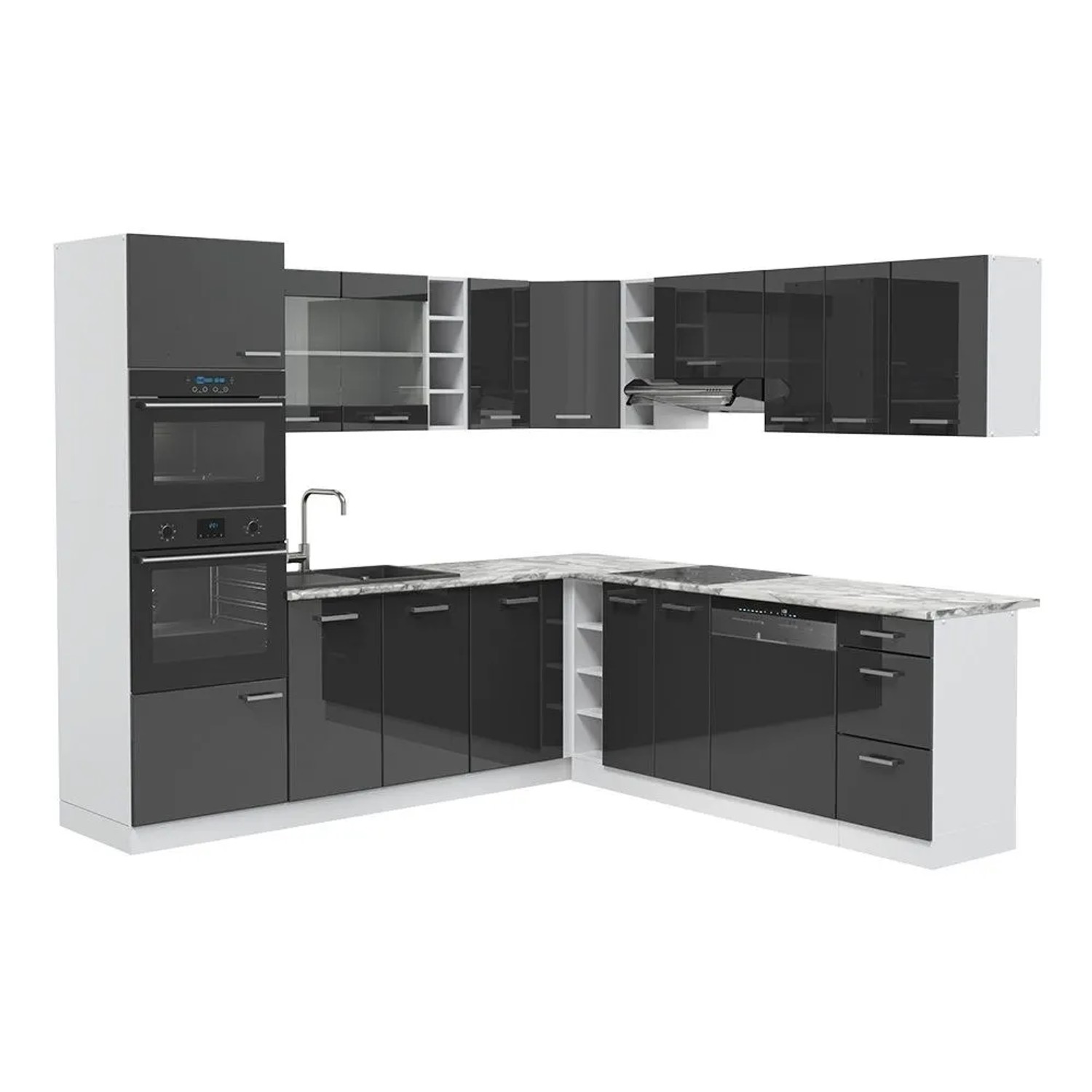 Vicco Eckküche R-Line Anthrazit Hochglanz/Weiß 247 x 82, AP Marmor