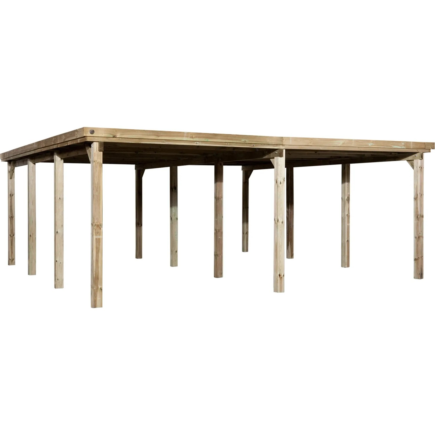 Weka Doppelcarport 618 Gr. 2 mit Trapezblech, Holzkonstruktion mit Flachdach und stabilen Pfosten.