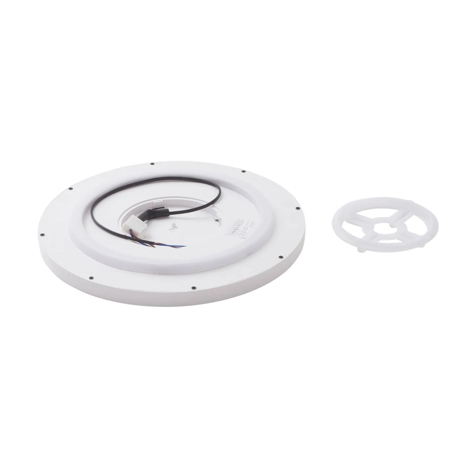 Weiße Lindby LED Smart Home Deckenlampe Denora, Rückseite mit Kabel und Montageelement.