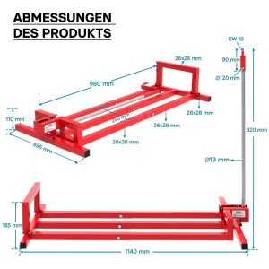 Rote Wiltec Hebevorrichtung für Aufsitzmäher mit 250kg Traglast, detaillierte Produktabmessungen und Maße des Rasentraktor Zubehörs.