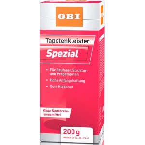Packung OBI Tapetenkleister Spezial 200g für Raufaser-, Struktur- und Prägetapeten.