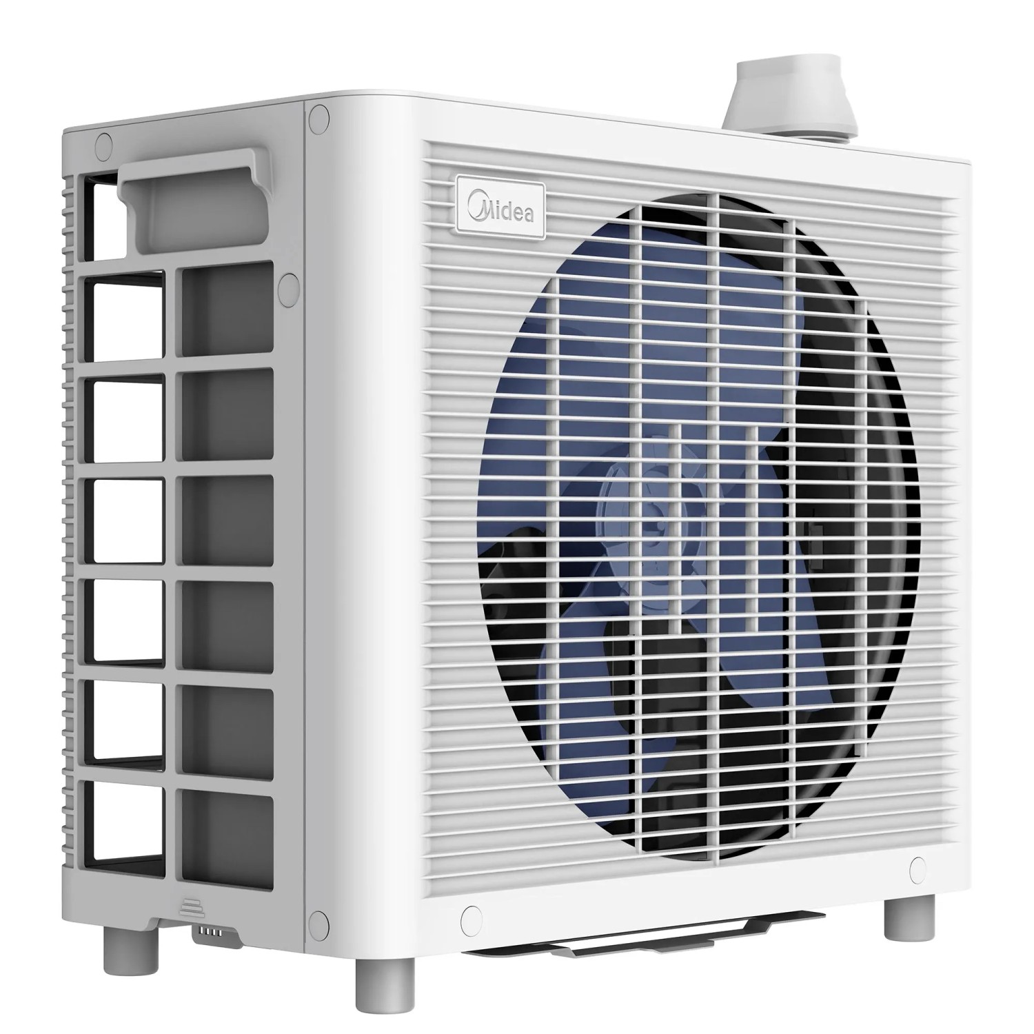 Midea PortaSplit Cool mobile Klimaanlage in Weißgrau, Außeneinheit mit Lüftergitter.
