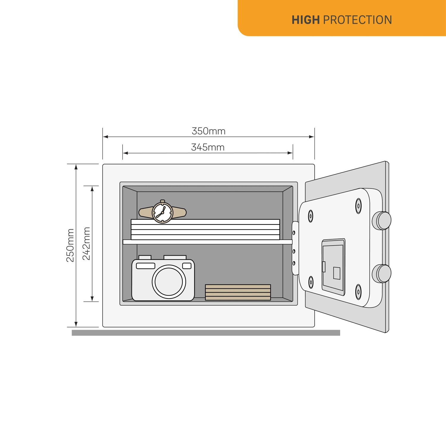 Offener Yale Tresor High Security Safe mit Uhr, Kamera und Dokumenten. Ideal zur sicheren Aufbewahrung.