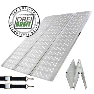 DREIBREIT Auffahrrampe, 3-fach klappbar, Alu, 1020kg Tragkraft, mit Spanngurten. Zubehör für Autoanhänger.