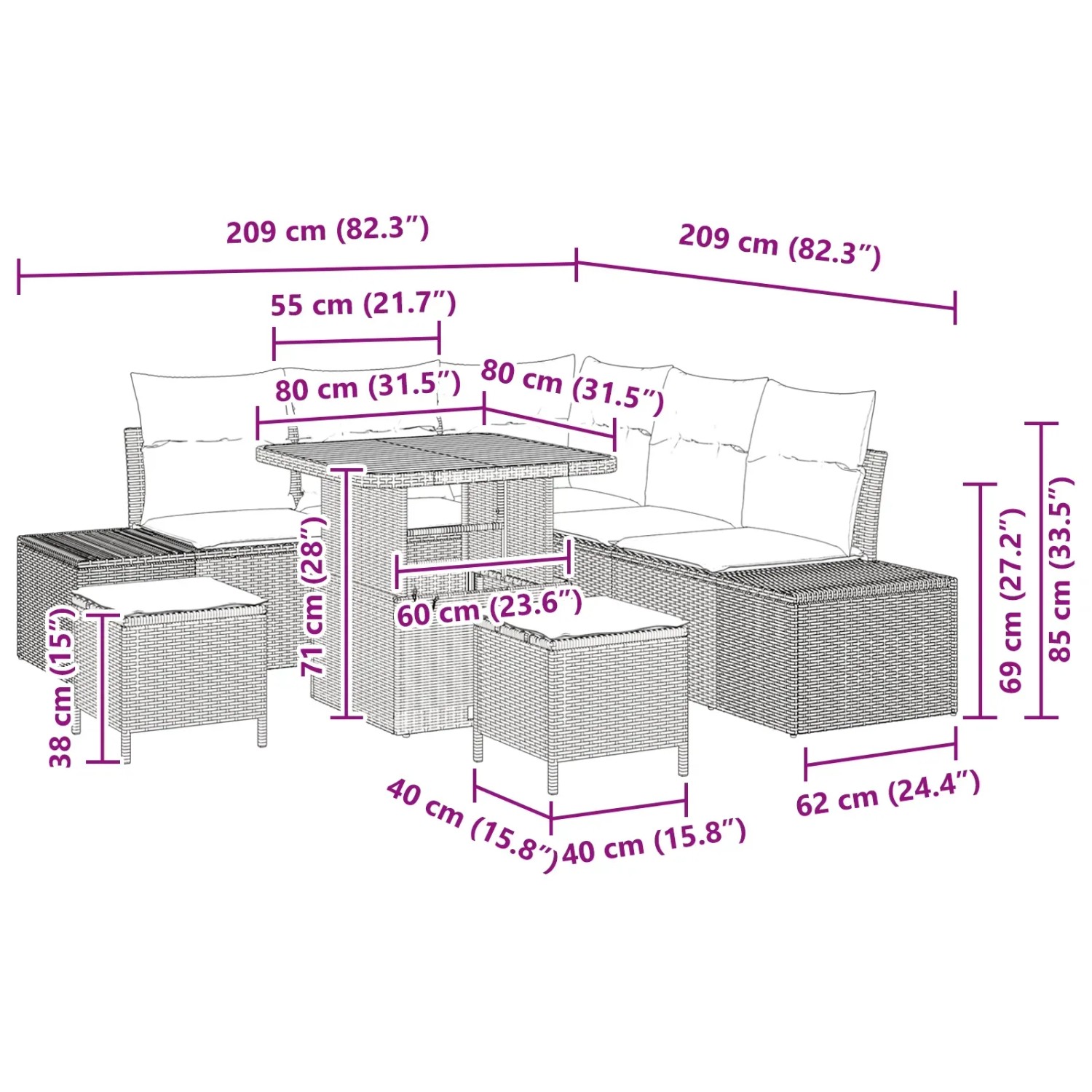 vidaXL Gartenmöbel-Set, 8-teilig, beige Poly Rattan, mit Tisch und Hockern, Maße siehe Bild.