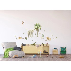 Wandtattoo Dschungeltiere Grün 85x65 cm an Kinderzimmerwand mit Elefant, Löwe, Palme und Blättern.