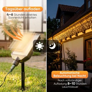 Salcar Solar Eiszapfen-Lichterkette: Solarpanel lädt tagsüber, warmweiße LEDs leuchten nachts am Haus. Perfekte Weihnachtsbeleuchtung.