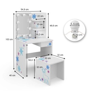 Weißer Kinder-Schminktisch „Schneeflocke“ mit LED und Hocker. Ideal für kleine Prinzessinnen.
