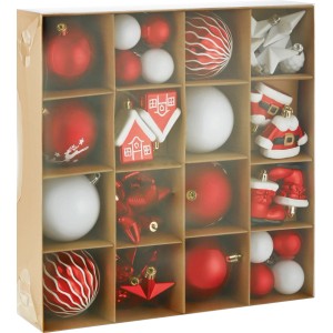 50-teiliges Baumschmuck-Set in Rot und Weiß mit Kugeln, Figuren und Sternen.