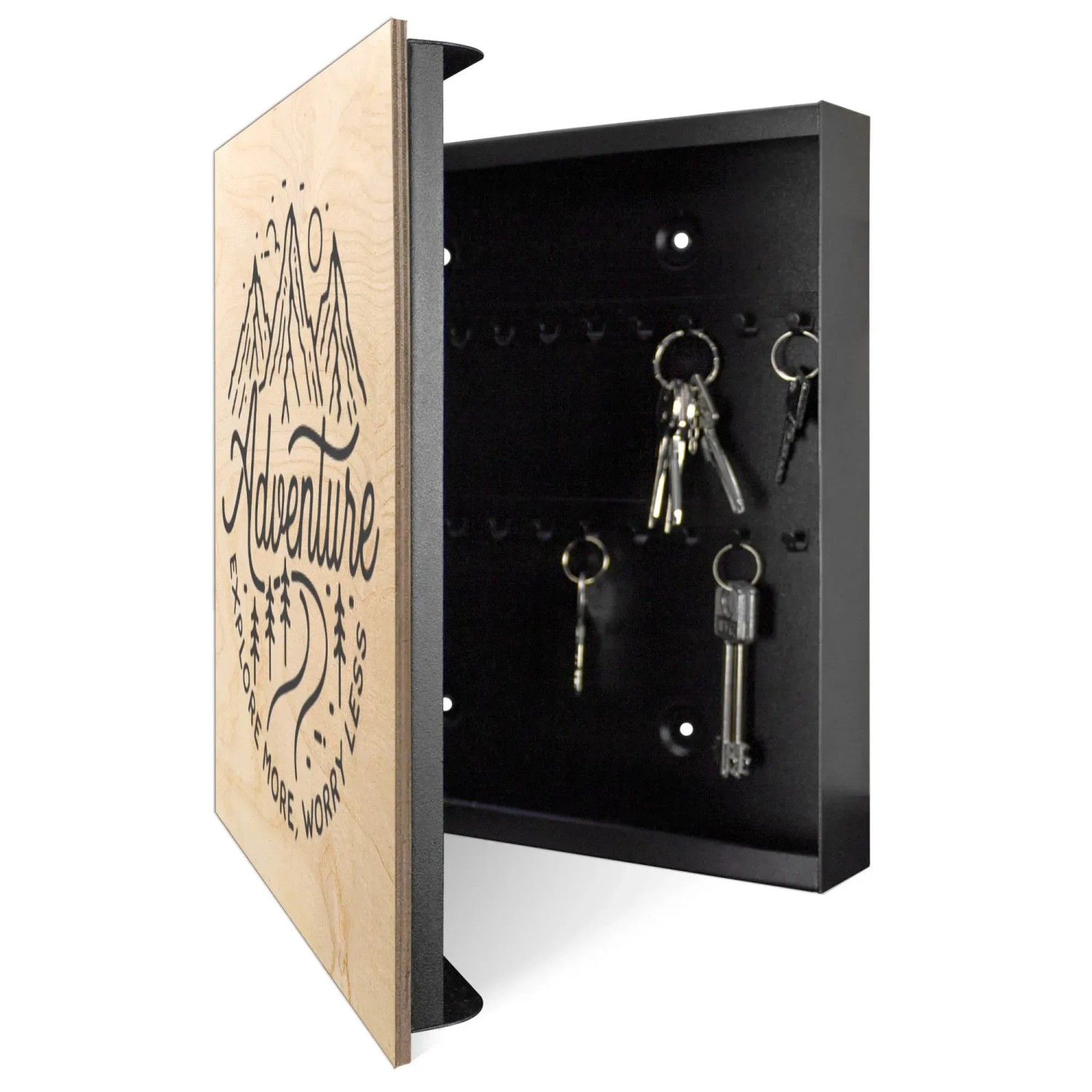 Offener, schwarzer Banjado Schlüsselkasten aus Holz (30x30cm) mit Bergmotiv und 50 Haken zur Schlüsselaufbewahrung.