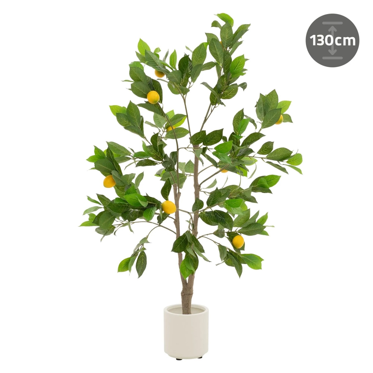 Künstlicher Zitronenbaum 130 cm mit dichten grünen Blättern und leuchtend gelben Früchten in weißem Topf.