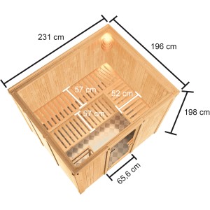 Karibu Sauna Nybro mit Glastür, Fronteinstieg, Maße: 231x196x198 cm, mit 3 Saunabänken