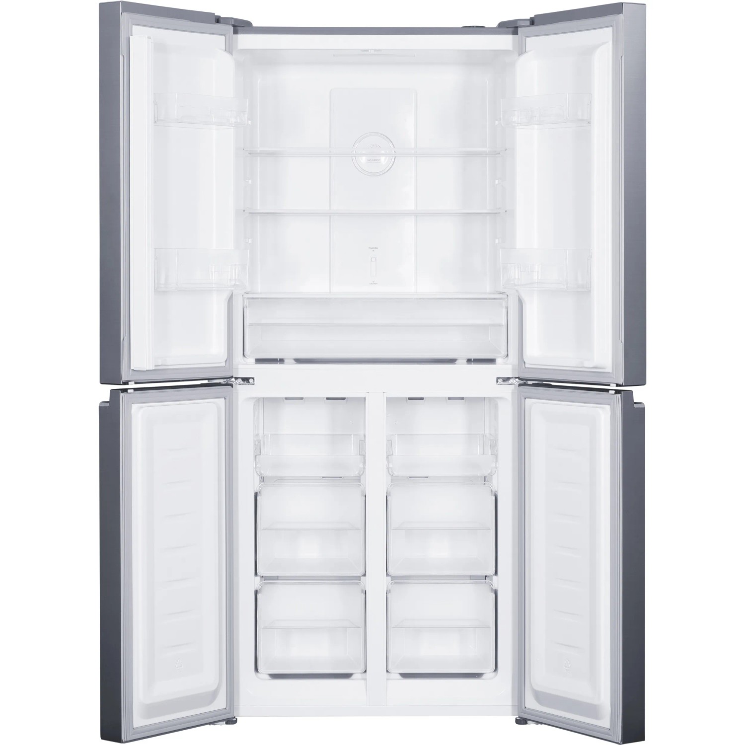 Geöffnete Wolkenstein Cross Door Kühl-Gefrierkombination WCD362NFDEIX im Inox Design.