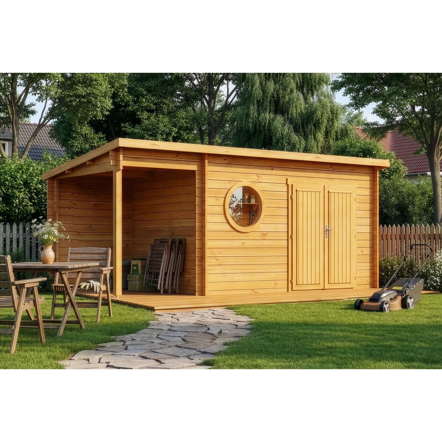 Alpholz Holz-Gartenhaus Maria Rondo C 550x270cm Imprägniert Pinie 34mm Wandstärke