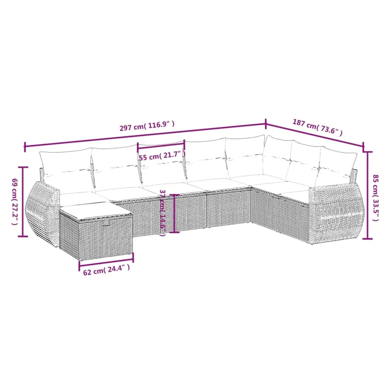 Hellgraue 8-tlg. vidaXL Garten-Sofagarnitur aus Polyrattan mit Kissen.