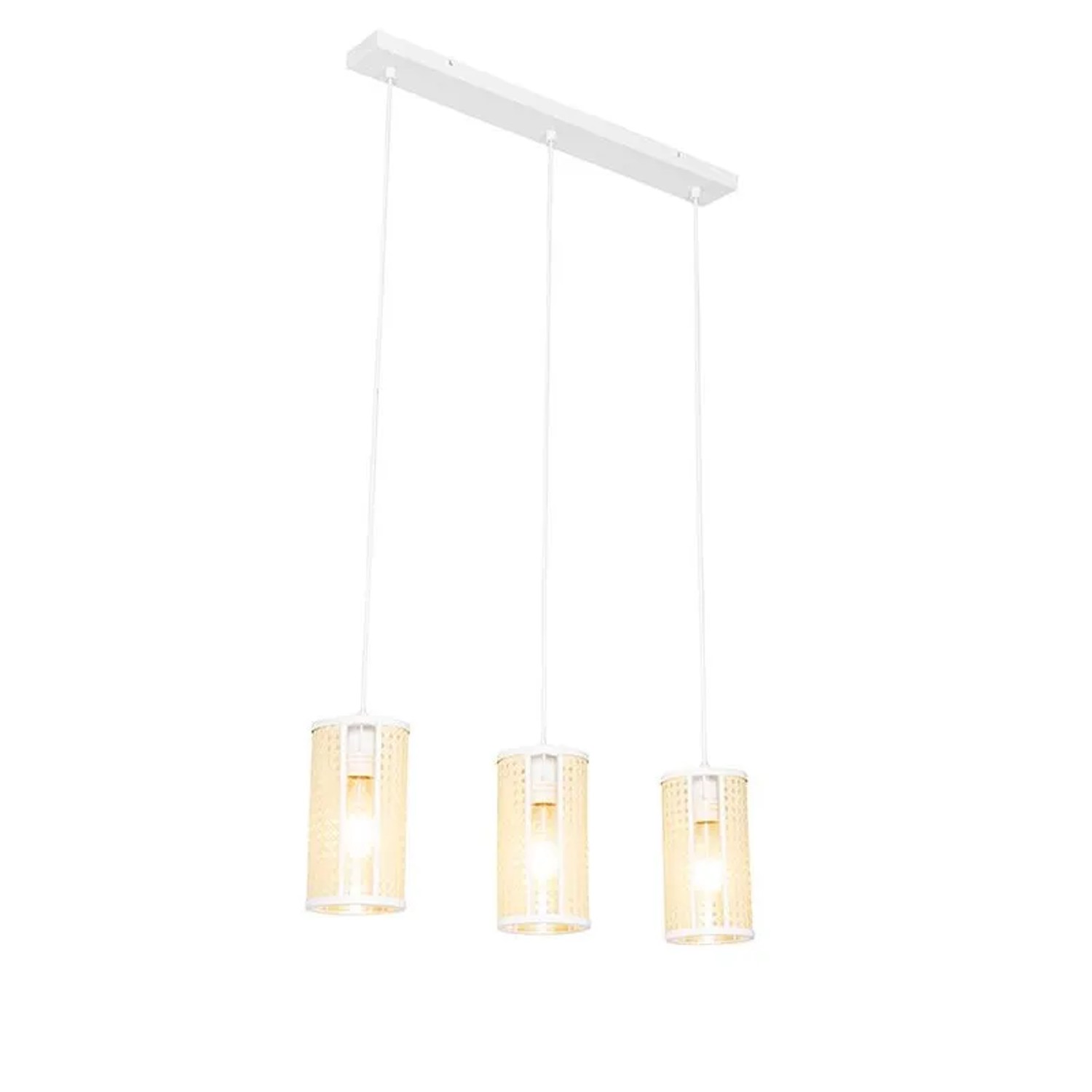 QAZQA Retro Hängelampe Weiß mit Rattan 3 Flammig Länglich Akira