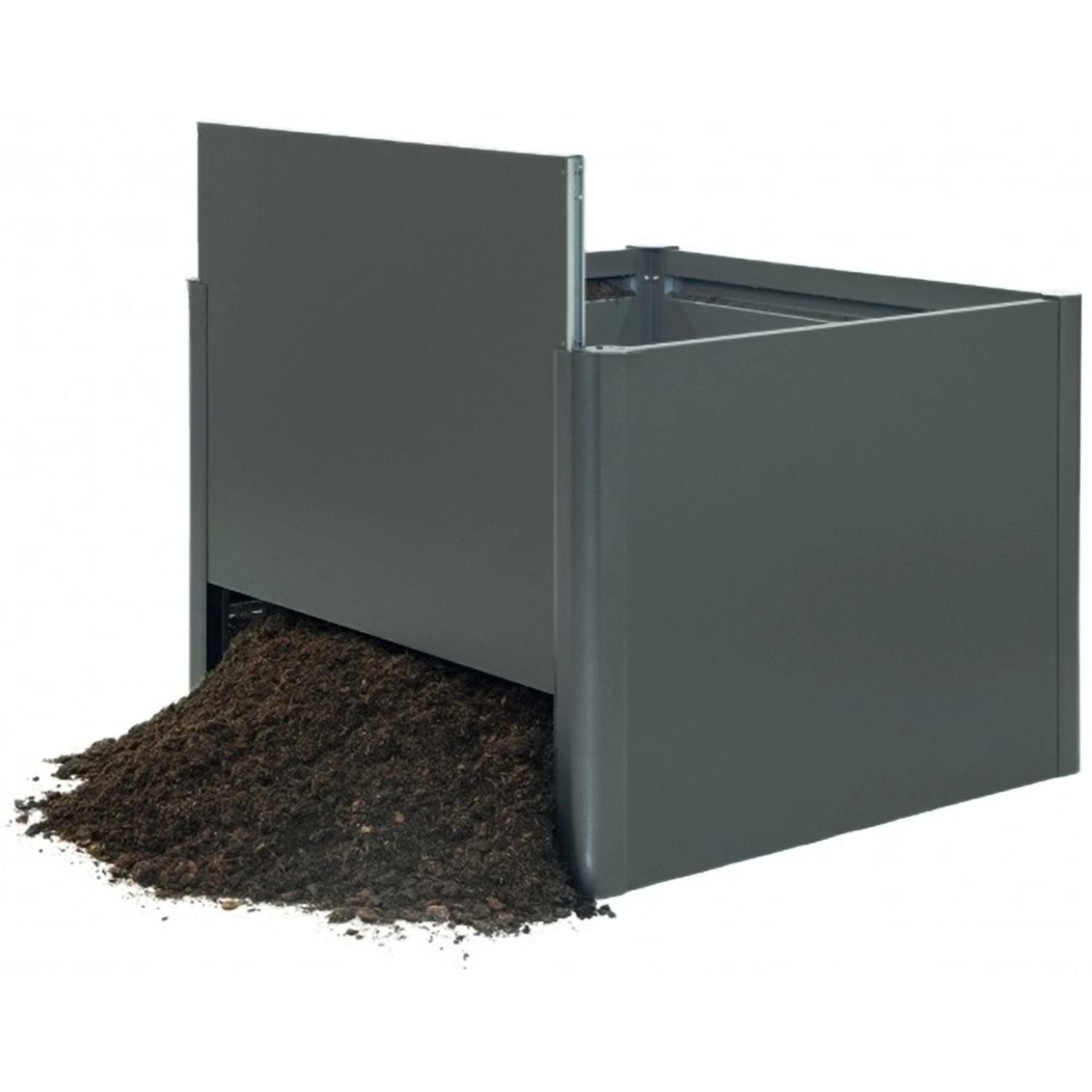 Biohort Hochbeet aus Metall, dunkelgrau-metallic, mit geöffneter Seitenwand und Erde davor.