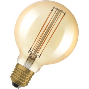 Osram LED-Leuchtmittel E27 in Globeform, 5,8W, warmes Licht, goldfarbenes Glas.