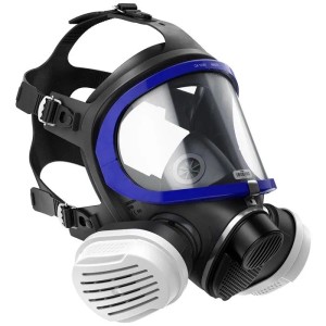 Dräger X-plore 5500 Lackiererset mit A2P3-Filtern, schwarz-weiße Vollmaske für Atemschutz.