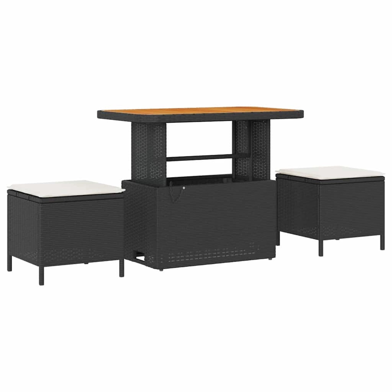 Schwarzes 10-teiliges vidaXL Garten-Sofa-Set aus Poly Rattan mit Tisch und Hockern.