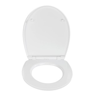 Weißer WC-Sitz Waterfall aus Duroplast mit Acryl-Oberfläche, offen.