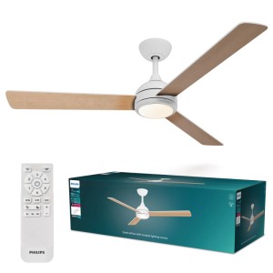 Philips Deckenventilator Velyx weiß/hellbraun mit LED-Leuchte, Fernbedienung und Produktbox. Wendeflügel, 6 Stufen.
