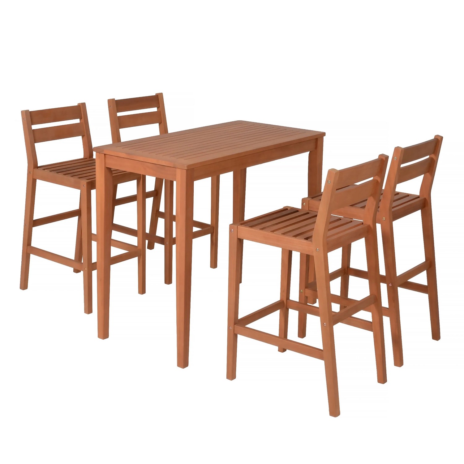 DELUKE Barset BERN, 5-teilig mit hohem Holztisch und 4 Barhockern aus Eukalyptus.
