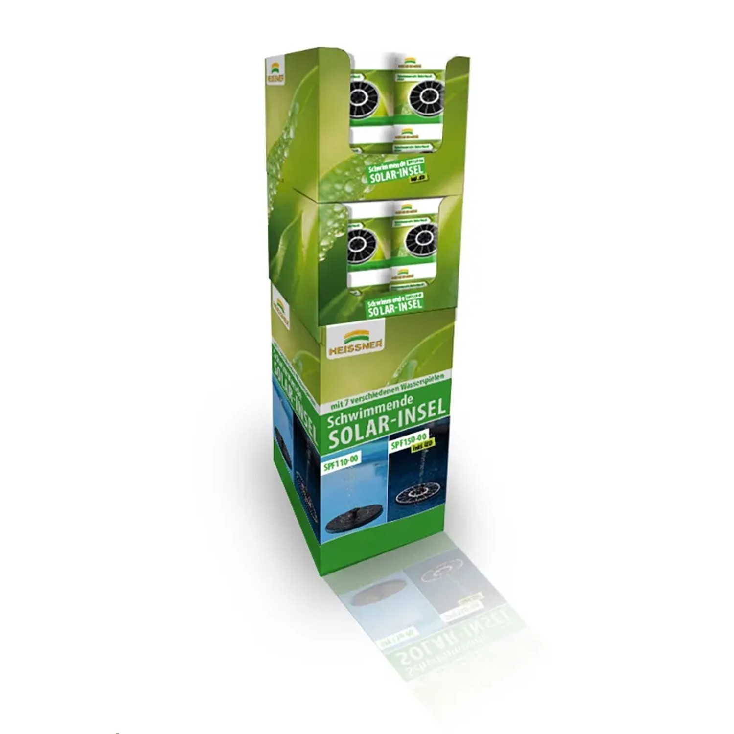 Heissner Solar-Teichpumpen-Set Schwimmende Solar-Insel, Display mit Produktverpackung.