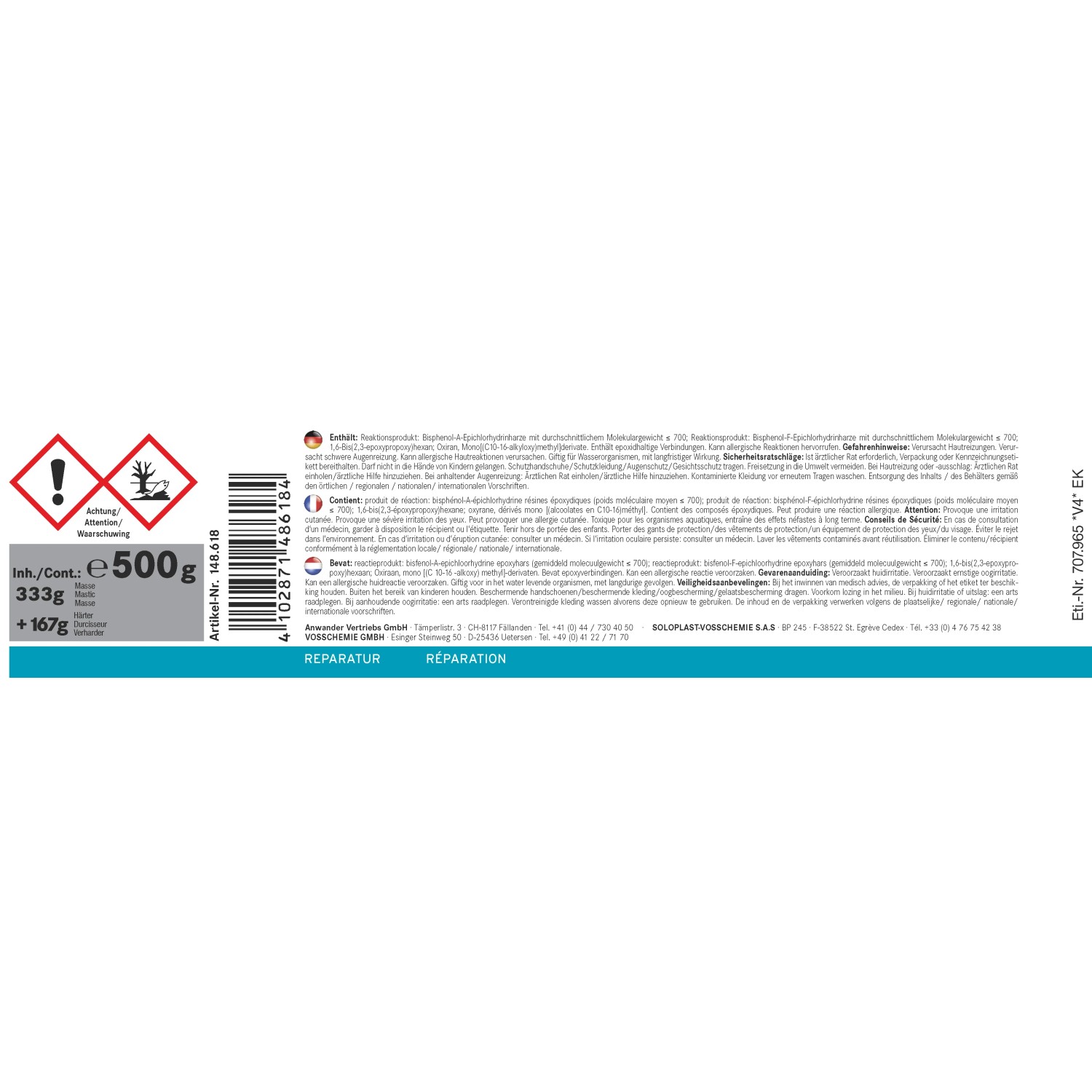 Etikett einer 500g Reparaturmasse mit Warnhinweisen und Inhaltsangabe.